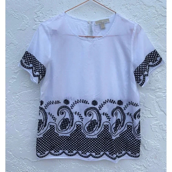 Michael Kors Tops - Michael Kors Womens Short Sleeve Cotton Embroidery Blouse Top White Black Sz S